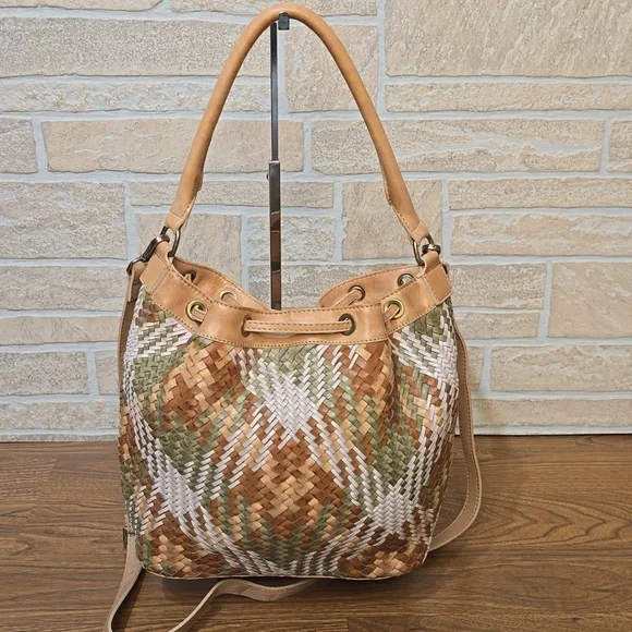 Genuine Leather Woven Bucket Bag Boho Tassel Drawstring Convertible Crossbody - Picture 4 of 12